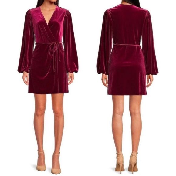 GIANNI BINI Burgundy Velvet Wrap Mini Dress Long Sleeves V-Neck Size Small New - Picture 1 of 12
